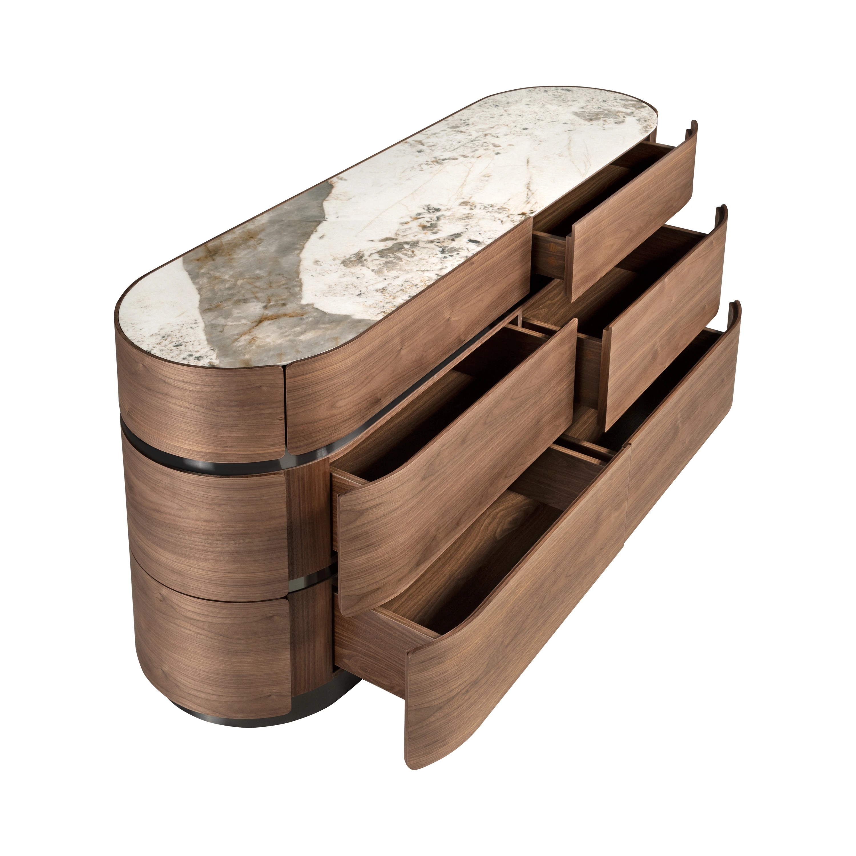 Commode en noyer, base en acier foncé et plateau en marbre céramique