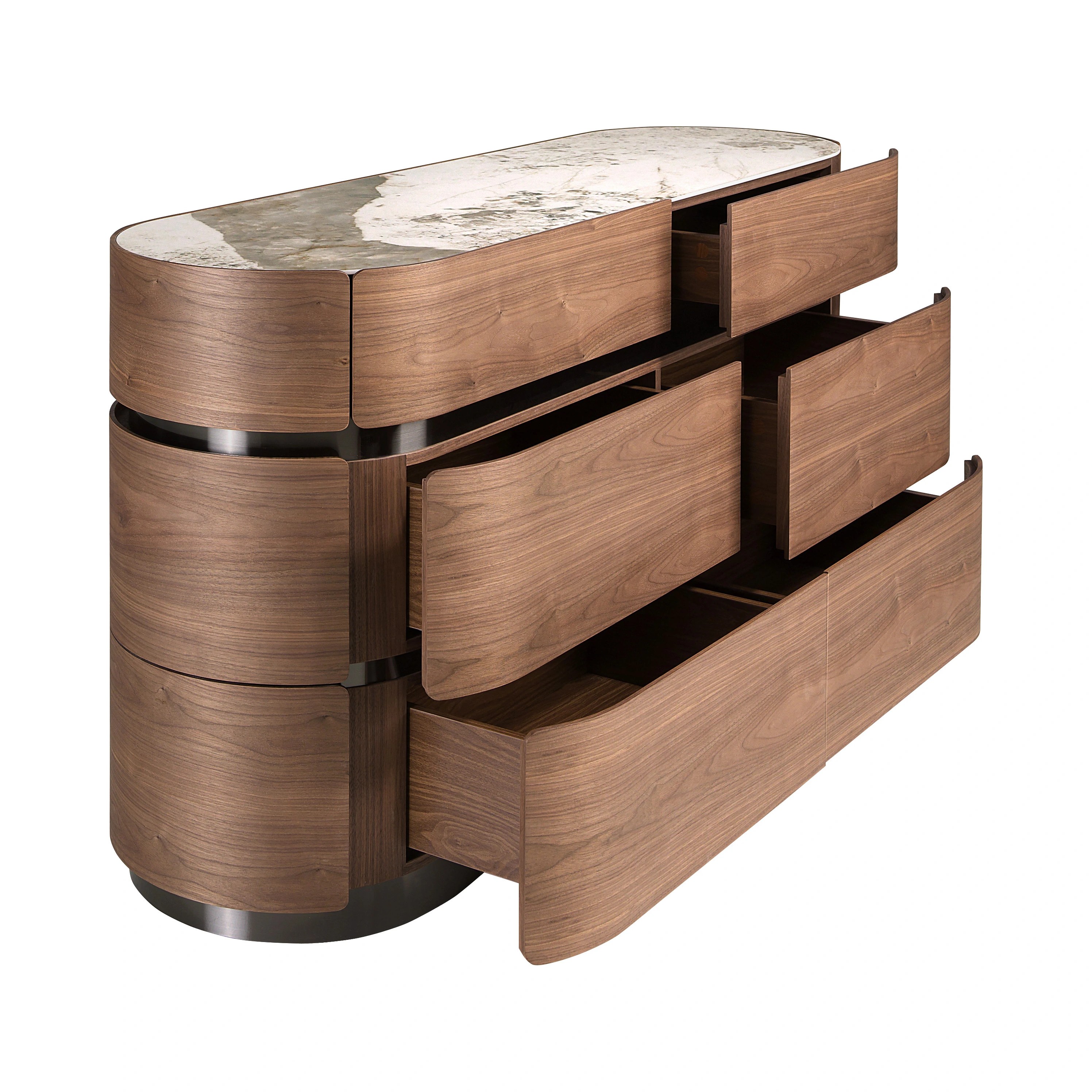 Commode en noyer, base en acier foncé et plateau en marbre céramique