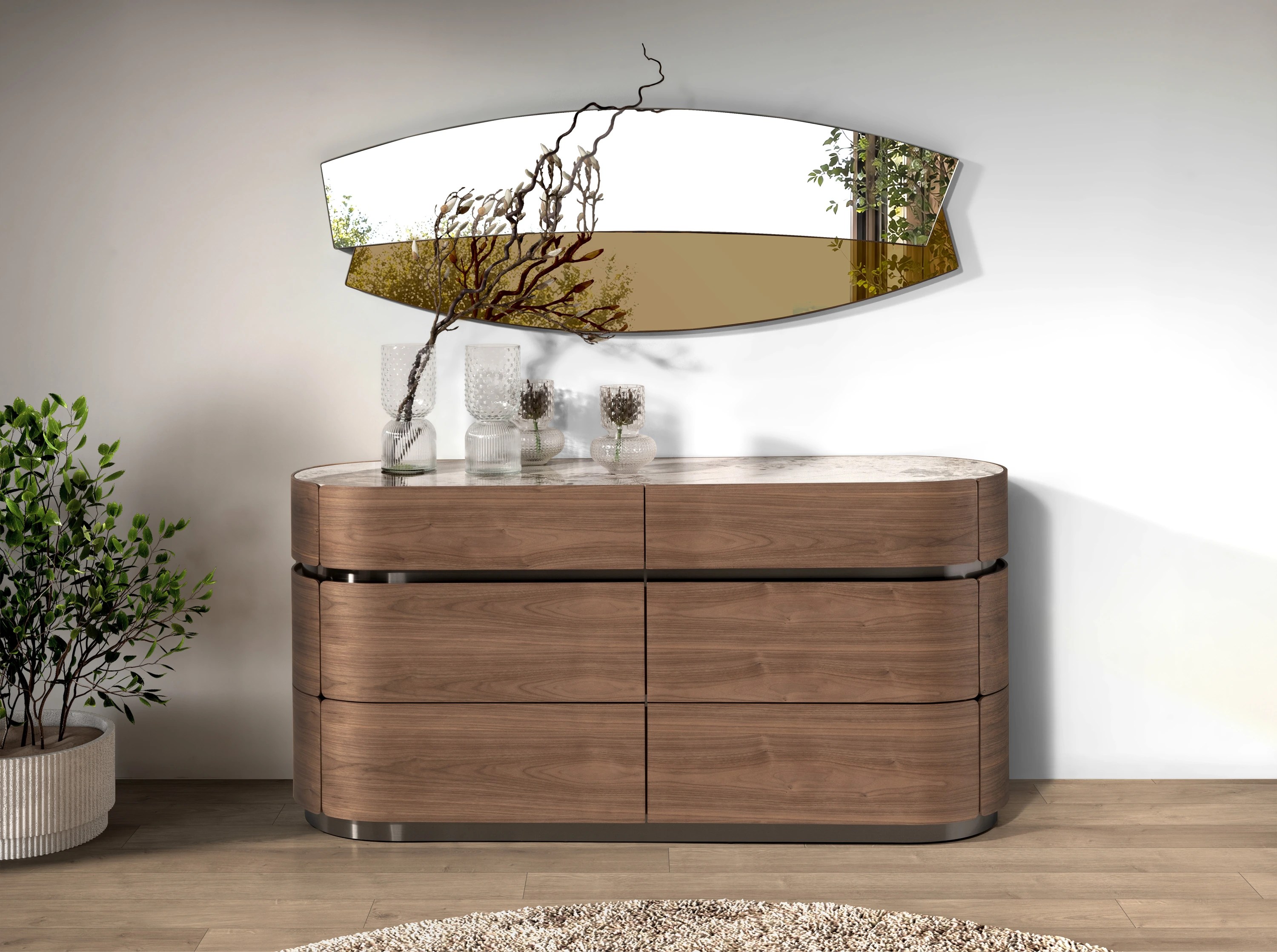 Commode en noyer, base en acier foncé et plateau en marbre céramique