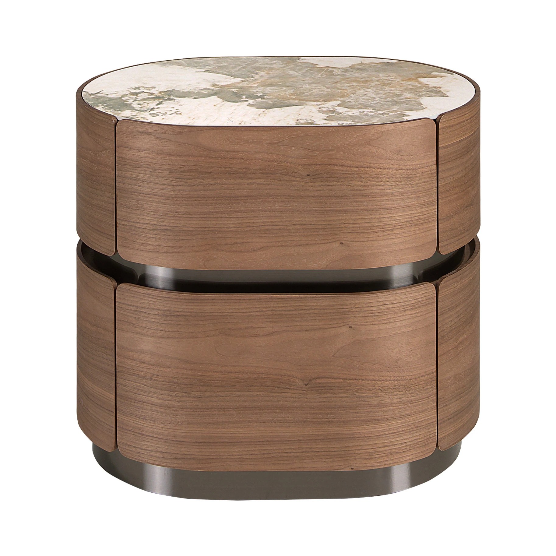 Table de chevet en noyer, base en acier foncé et plateau en marbre céramique