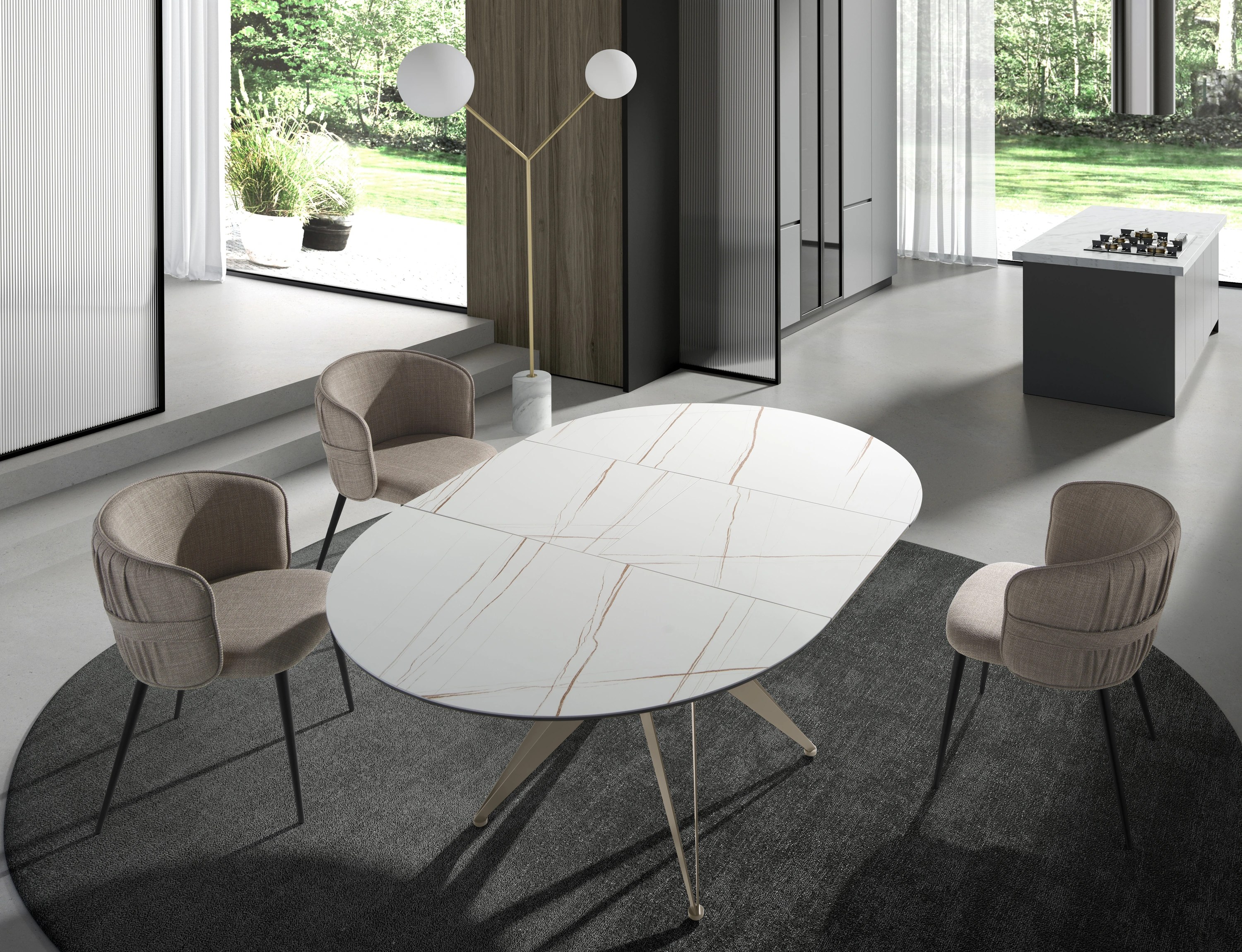 Lampadaire en marbre blanc, acier doré et verre blanc
