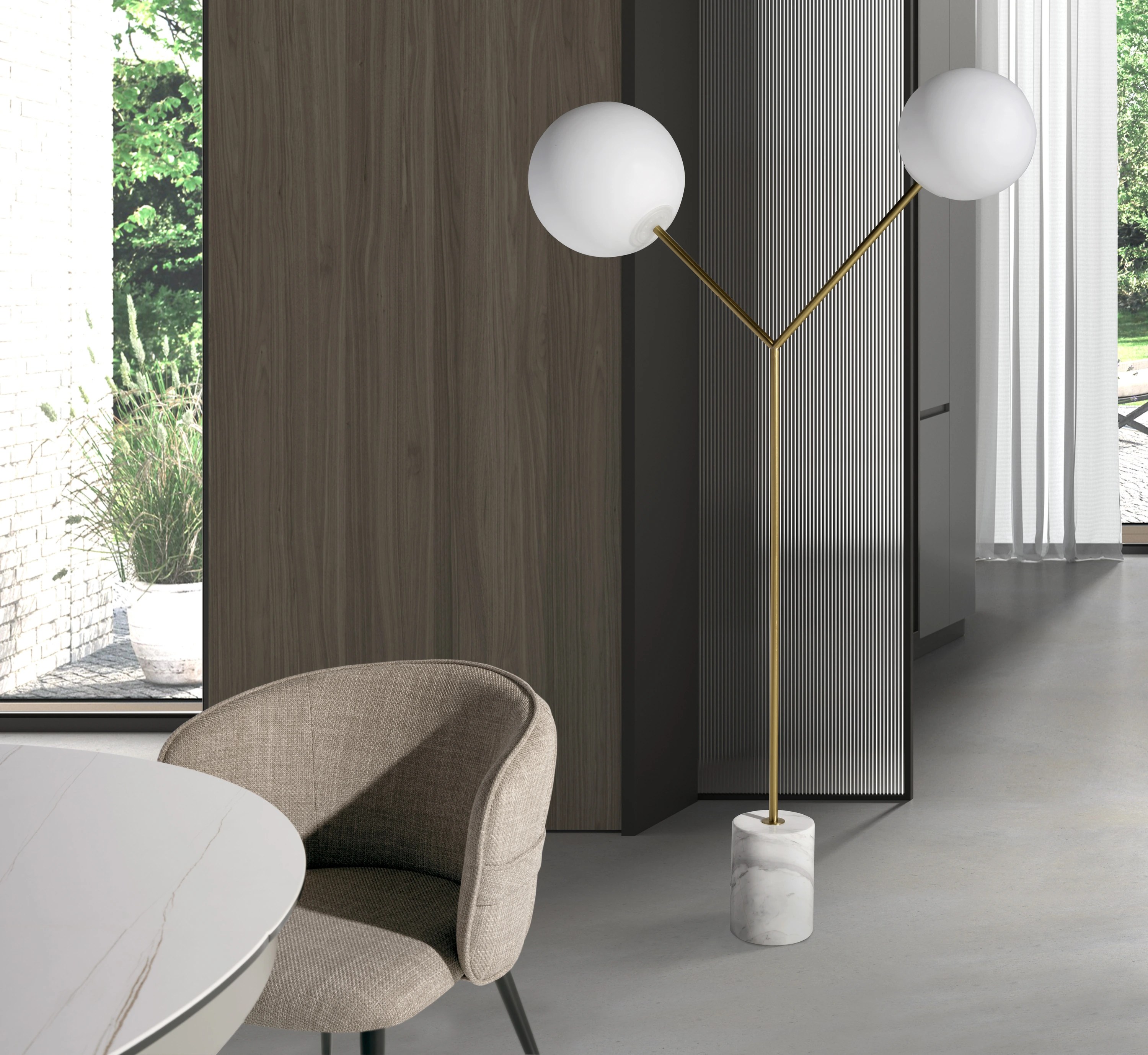 Lampadaire en marbre blanc, acier doré et verre blanc