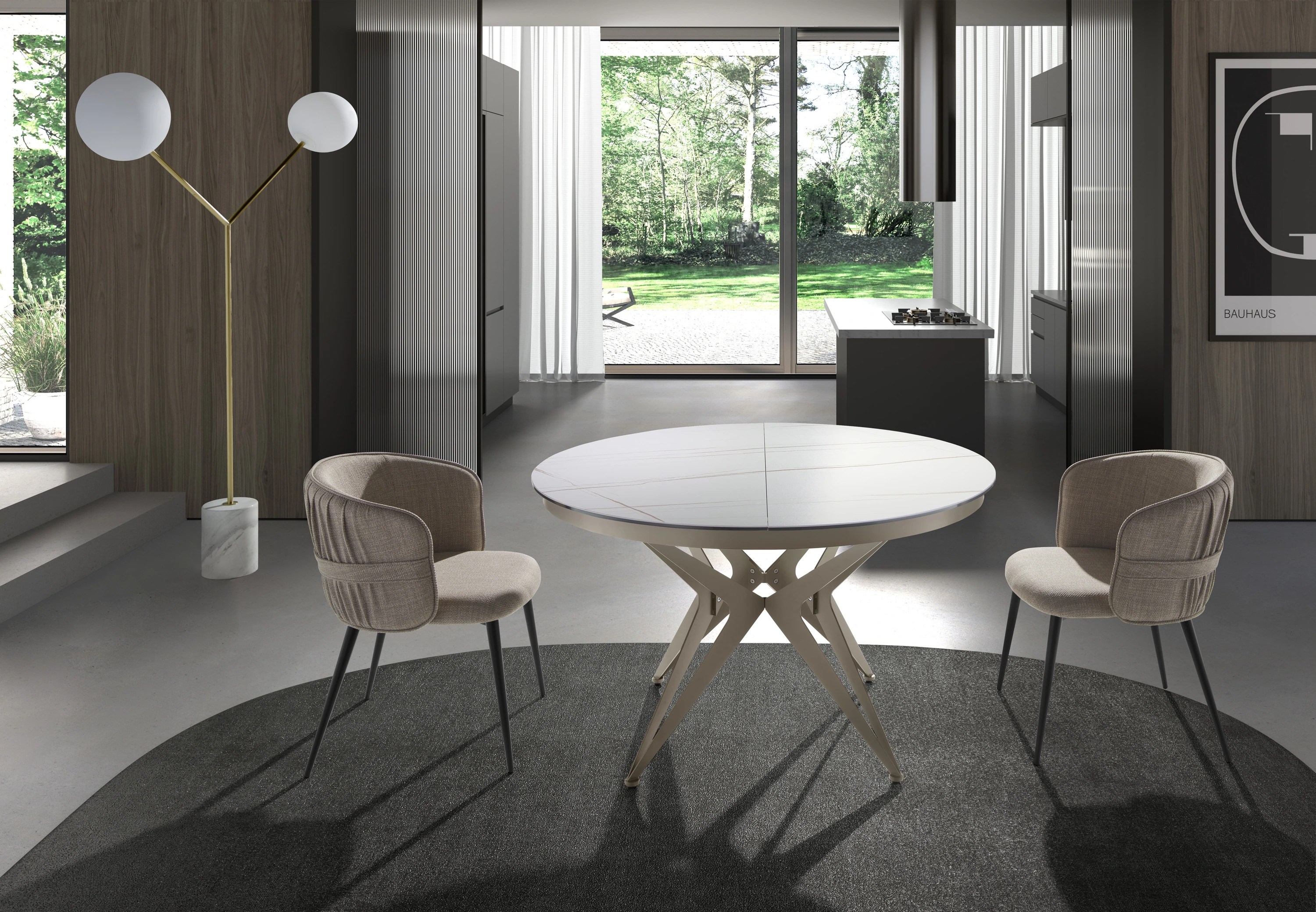 Lampadaire en marbre blanc, acier doré et verre blanc