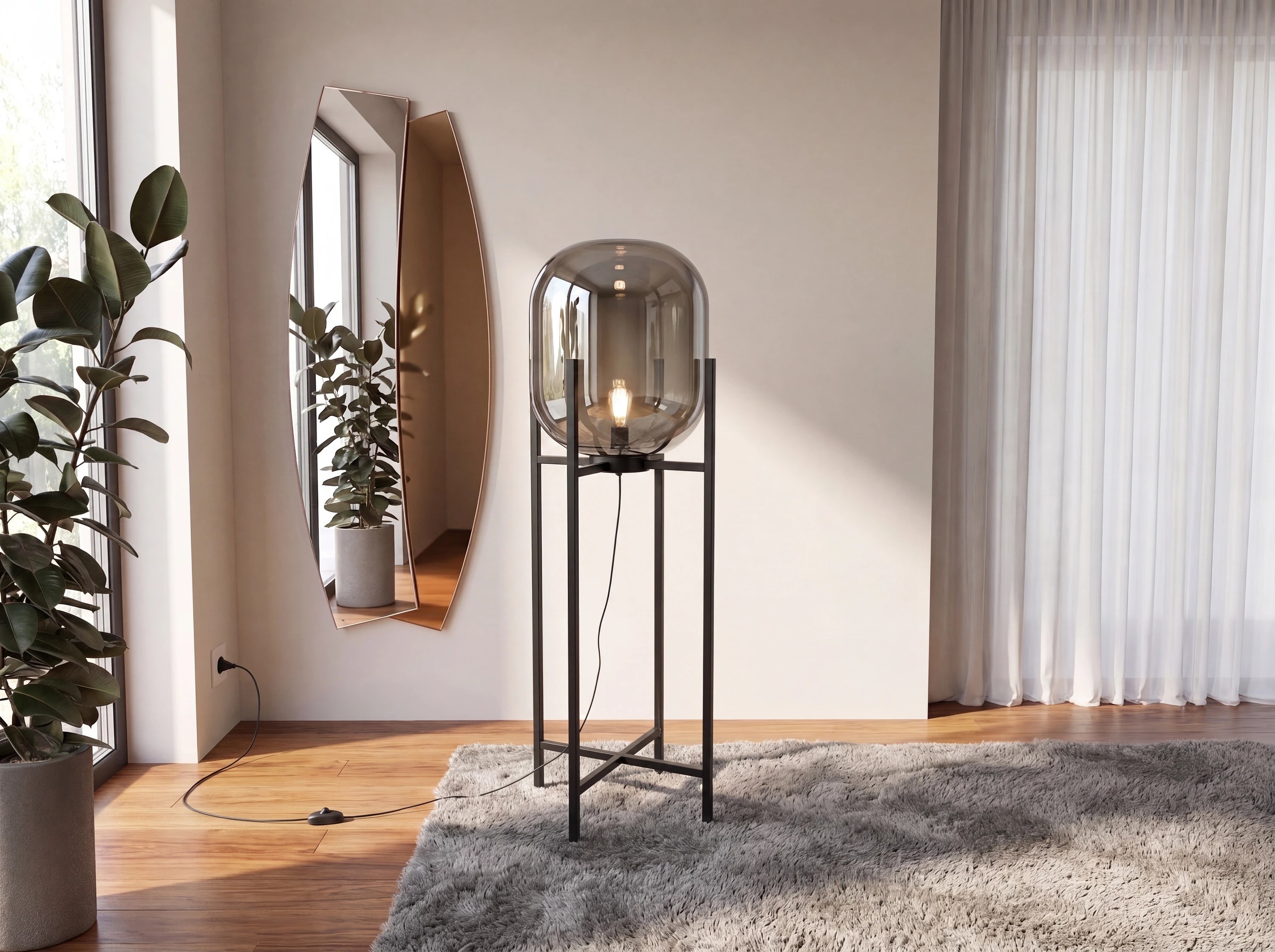 Lampadaire en verre effet miroir fumé gris et acier noir