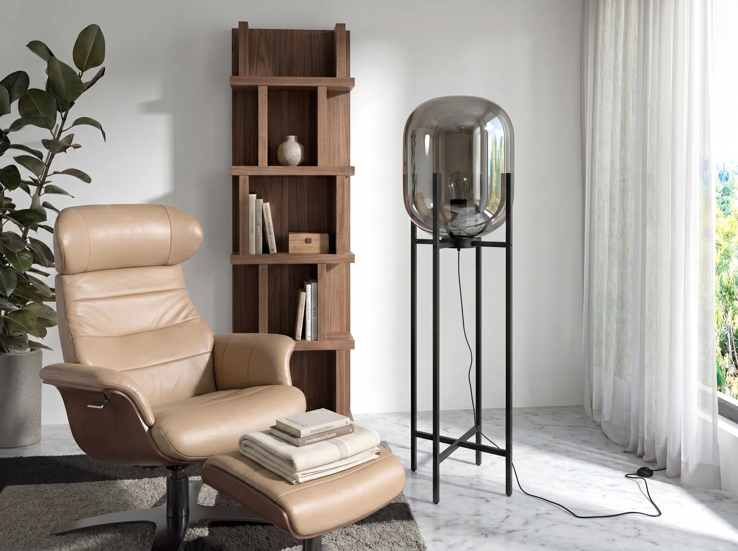 Lampadaire en verre effet miroir fumé gris et acier noir