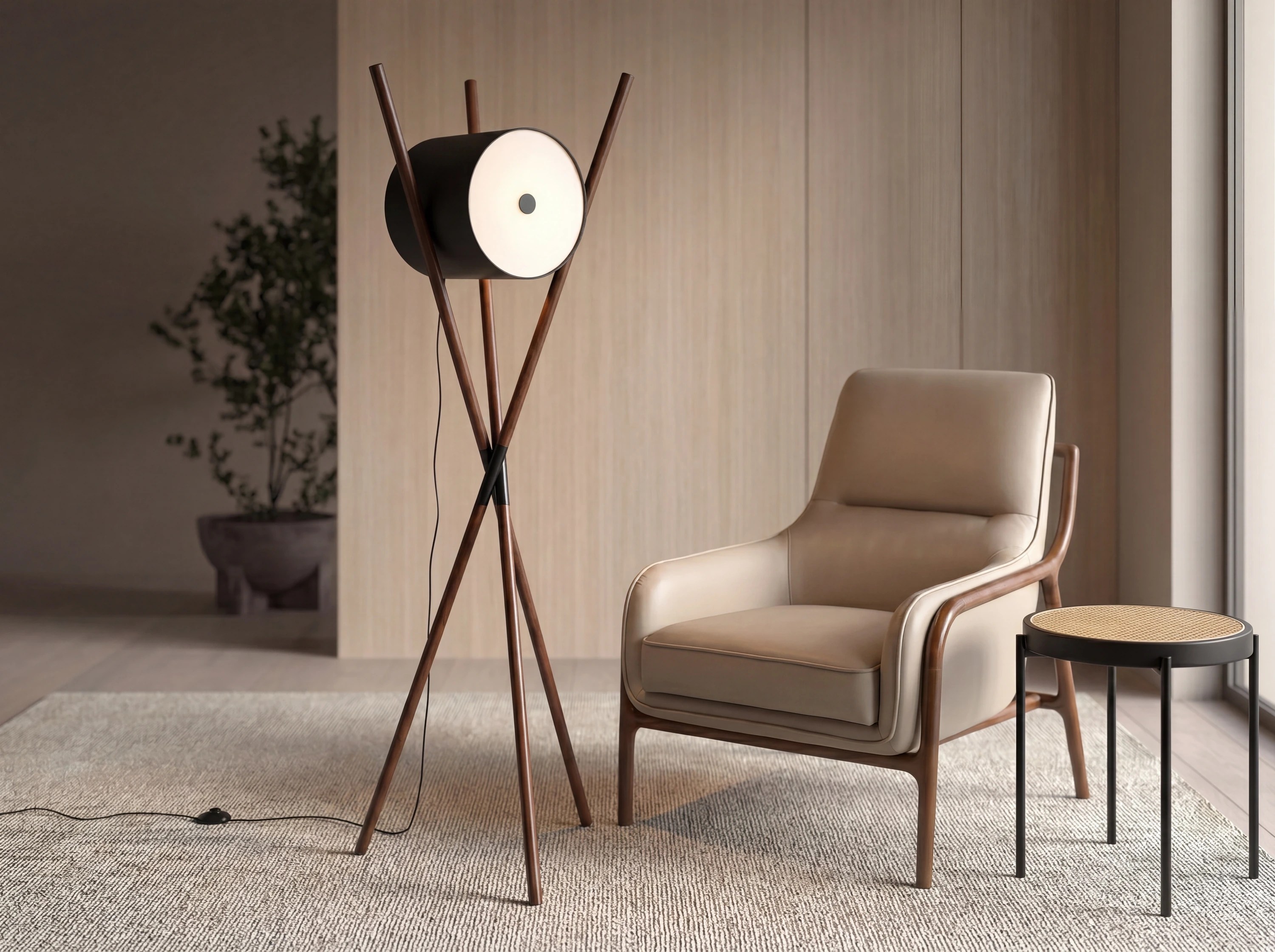 Lampadaire en bois tapissé en similicuir noir et noyer foncé