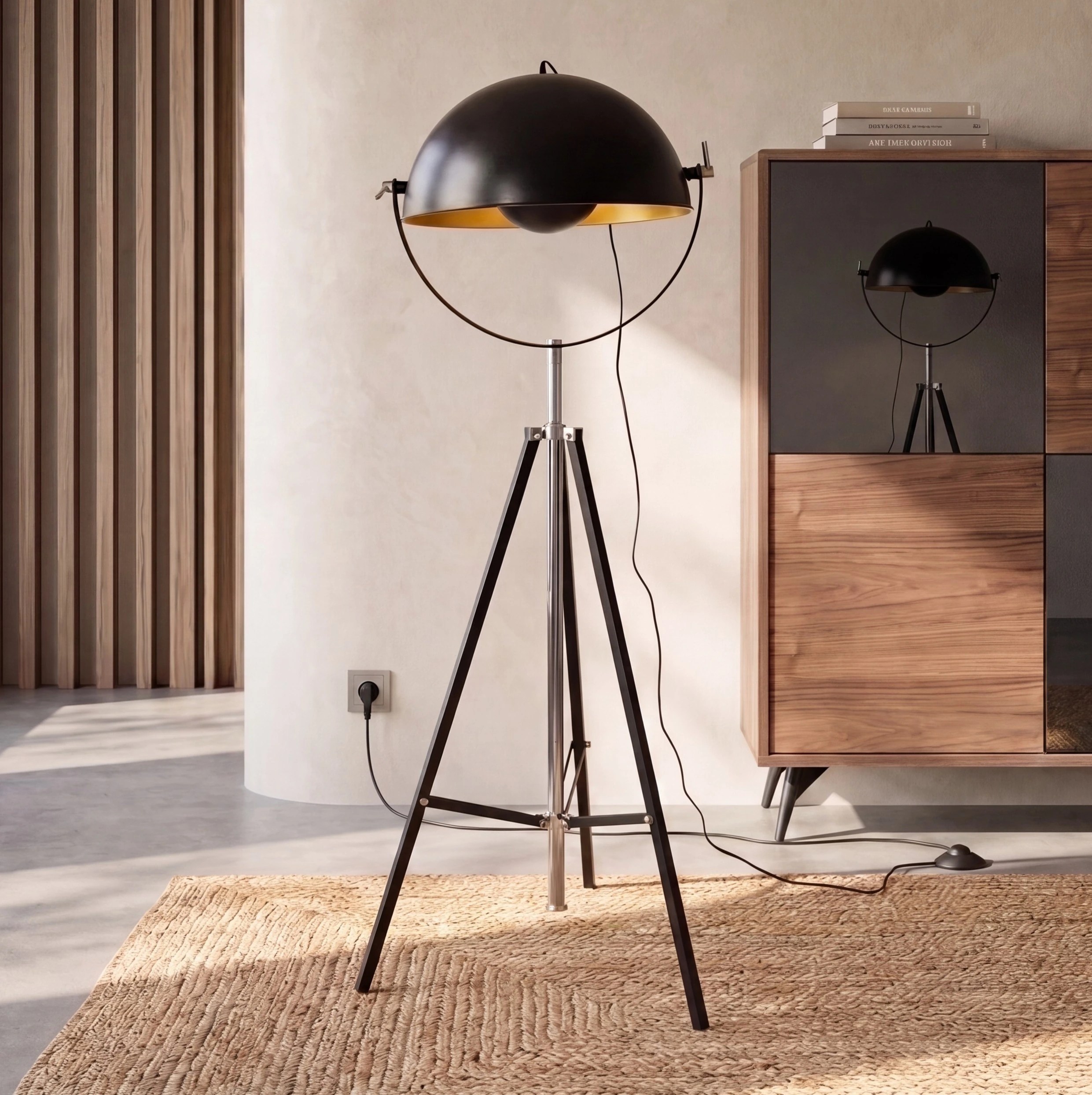 Lampadaire en acier noir et acier doré poli