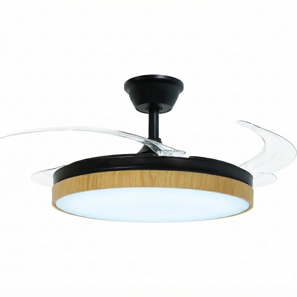 Ventilateur de plafond avec lumière, Aeolus couleur noir et bois, 3 pales pliantes – Ø106 cm