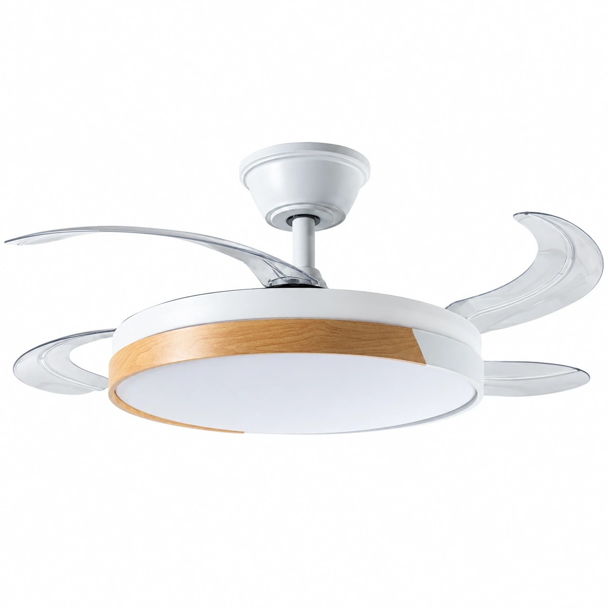 Ventilateur de plafond avec lumière Cibeles blanc et bois, 4 pales pliantes – Ø106 cm