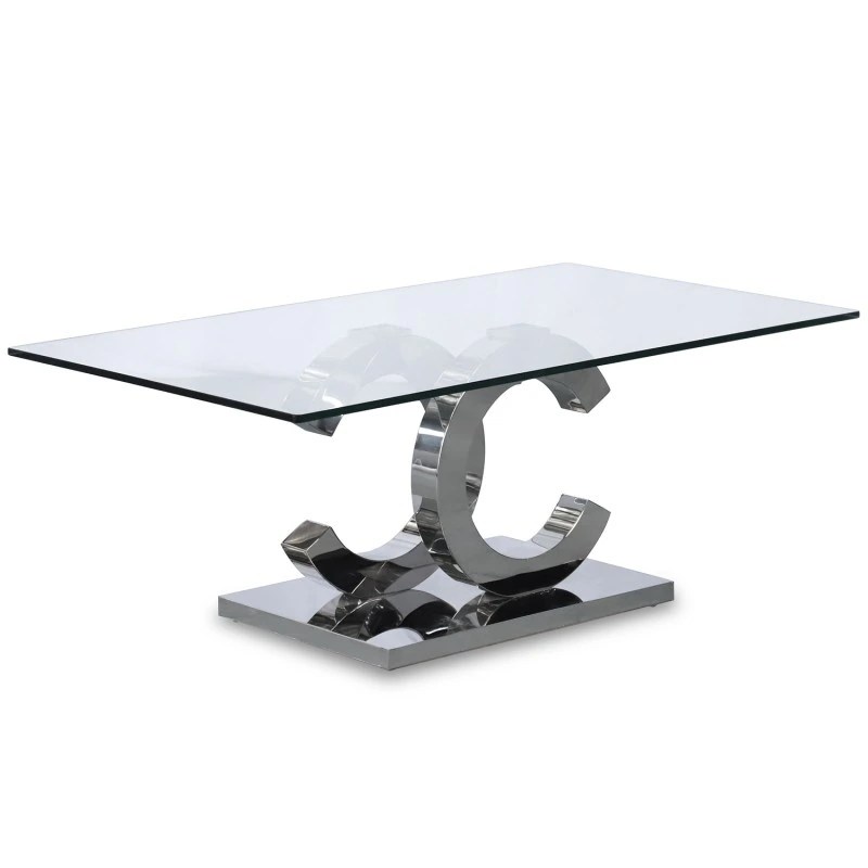 Table basse en métal et verre - pieds + base acier inoxydable – 120 x 65 x 45 cm