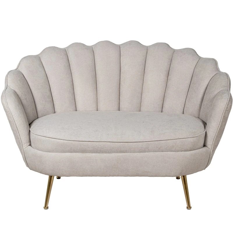 Canapé 2 places en tissu beige, bois, pieds en métal doré – 129 x 87 x 76 cm