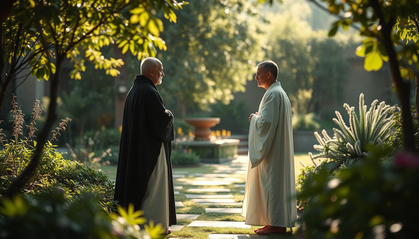 A serene, contemplative scene depicting two figures in flowing robes, one in white and the other in black, engaged in a thoughtful discussion. The figures stand amidst a tranquil, sun-dappled garden, surrounded by lush greenery and the soft glow of natural light. The composition is balanced, with the figures positioned in the foreground, and the background subtly blurred to emphasize the focus on the interaction. The overall mood is one of introspection and intellectual discourse, with a sense of subtle tension and contrast between the two figures. The image is captured with a medium-wide angle lens, allowing the viewer to feel immersed in the scene.