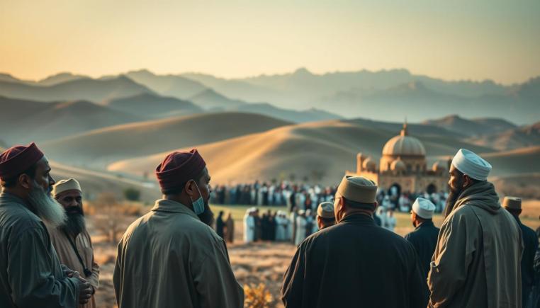 A serene landscape of the Ibadi Muslim community, with rolling hills and an intricate architectural structure in the distance. The foreground features a group of scholars in traditional robes, engaged in a thoughtful discussion, their expressions conveying the weight of contemporary challenges facing the Ibadi faith. Warm, diffused lighting illuminates the scene, creating a contemplative atmosphere. The middle ground showcases the diversity of the Ibadi community, with people of various ages and backgrounds gathered together. In the background, a majestic mountain range stands as a symbol of the enduring strength and resilience of the Ibadi tradition. The overall composition evokes a sense of introspection and the ongoing dialogue within the Ibadi community as they navigate the modern world.