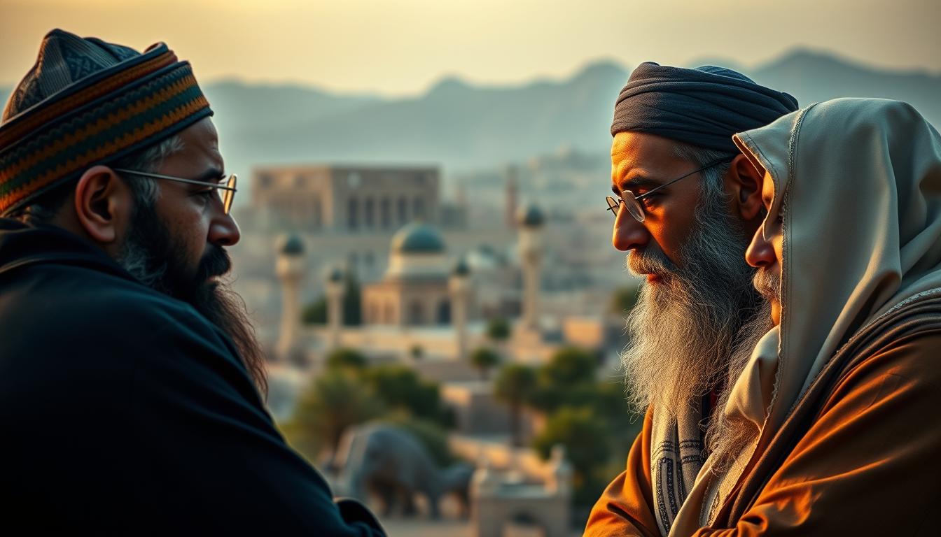 Detailed portrait of Zaydi and Shia Muslims in thoughtful discussion, set against a serene Middle Eastern landscape. Warm lighting illuminates their faces as they engage in respectful dialogue, representing the historical relationship between the two Islamic sects. The composition is balanced, with the foreground figures taking center stage and the background providing a sense of context and atmosphere. The scene conveys a tone of intellectual discourse and cultural understanding, inviting the viewer to contemplate the nuances of this theological relationship.