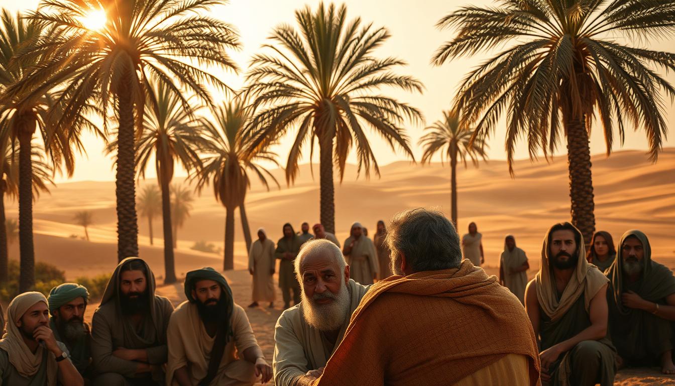 A desert oasis with towering palm trees, the sun casting warm golden light across the scene. In the foreground, a weathered and weary Job (Ayoub) sits amongst his loyal followers, their expressions a mix of empathy, concern, and reverence. The middle ground features a group of skeptical onlookers, their faces clouded with doubt and judgment. In the distance, a vast expanse of sandy dunes, hinting at the isolation and adversity Job faces. Soft, diffused lighting illuminates the scene, creating an atmosphere of contemplation and resilience. The composition emphasizes the contrast between Job's inner strength and the varying reactions of those around him, capturing the essence of his unwavering faith during times of tribulation.