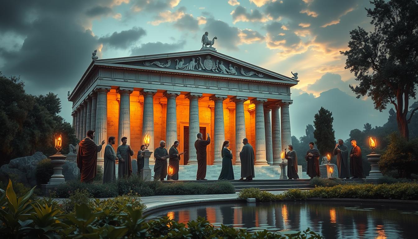 A grand marble temple stands majestically, adorned with intricate carvings and columns that reach up to the heavens. Stoic philosophers, clad in flowing robes, engage in deep discussions, their faces illuminated by the warm glow of torchlight. In the foreground, a serene garden with lush greenery and a tranquil pond reflects the tranquility of the scene. The atmosphere is one of contemplation and wisdom, as the Stoic principles of virtue, reason, and self-control permeate the air. The entire composition conveys the essence of the Stoic school of thought, a timeless legacy that continues to influence and inspire.