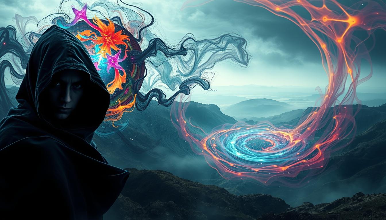 A mesmerizing ethereal landscape, where the boundaries between brilliance and madness blur. In the foreground, a figure shrouded in a cloak of mystery, their gaze intense and piercing, hinting at the depths of their inner world. Swirling around them, a kaleidoscope of vibrant colors and abstract shapes, suggestive of the interplay between genius and turmoil. The middle ground is a swirling vortex of energy, blending the rational and the irrational, the conscious and the subconscious. In the distant background, a hazy horizon reflects the dualities of the human condition, a reminder of the fine line that separates the extraordinary from the extraordinary. Soft, moody lighting casts an introspective aura, inviting the viewer to delve into the enigma of the human psyche.