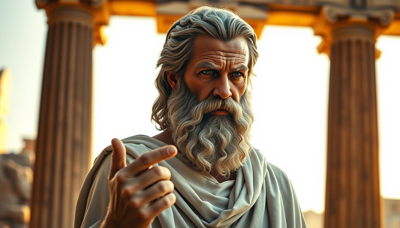A portrait of Socrates, the great Greek philosopher, standing in a contemplative pose, his weathered face and piercing gaze conveying a sense of profound wisdom and introspection. Set against a backdrop of an ancient Greek temple, with sunlight filtering through the columns, casting warm, golden hues across the scene. The philosopher's toga drapes elegantly, lending an air of timeless elegance, while his hand gestures subtly, as if engaged in Socratic dialogue. The overall atmosphere evokes a sense of intellectual curiosity, philosophical inquiry, and the enduring legacy of this iconic thinker.