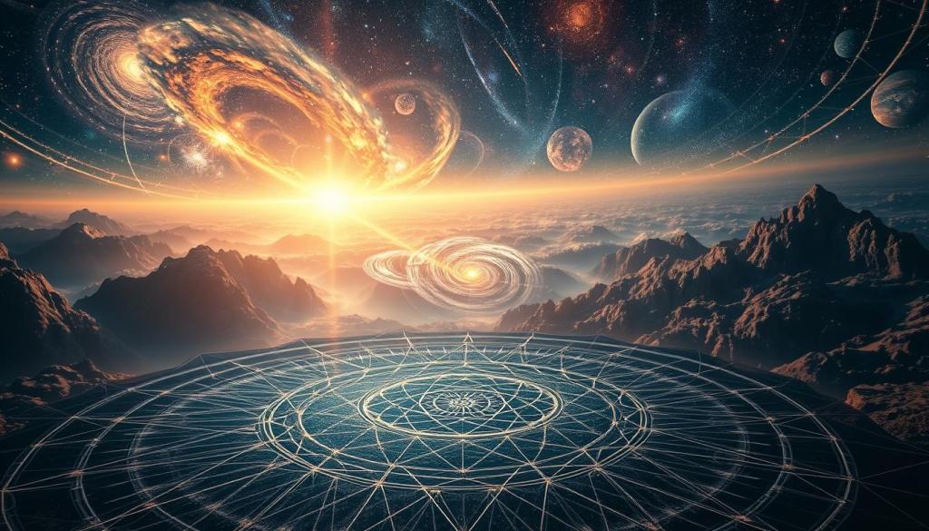 نظرية الأكون المتعددة: هل نعيش في كون واحد أم أكوان لا نهائية؟ A vast and intricate cosmic tapestry, where multidimensional universes coexist in a delicate ballet of quantum energies. In the foreground, a geometric mandala of intersecting planes and shifting dimensions, hinting at the hidden structures that underpin the fabric of reality. Swirling galaxies and celestial phenomena dance in the middle ground, their movements dictated by the laws of the multiverse. In the background, a dreamlike panorama of parallel worlds, each a unique iteration of the universe we inhabit, their boundaries blurred and indistinct. Bathed in a warm, ethereal glow, this scene evokes a sense of wonder and contemplation, inviting the viewer to ponder the nature of existence and the infinite possibilities of the cosmos.