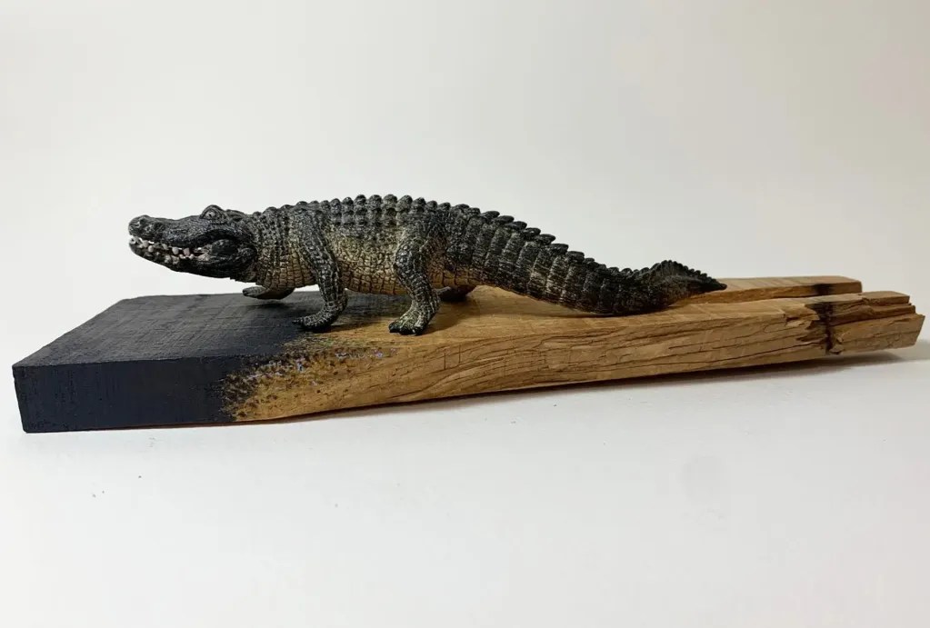 De la serie NATURALEZA EN PELIGRO / Cocodrilo 2024 Objeto, dibujo marcadores, pintura negra y trozo de madera Medidas variables