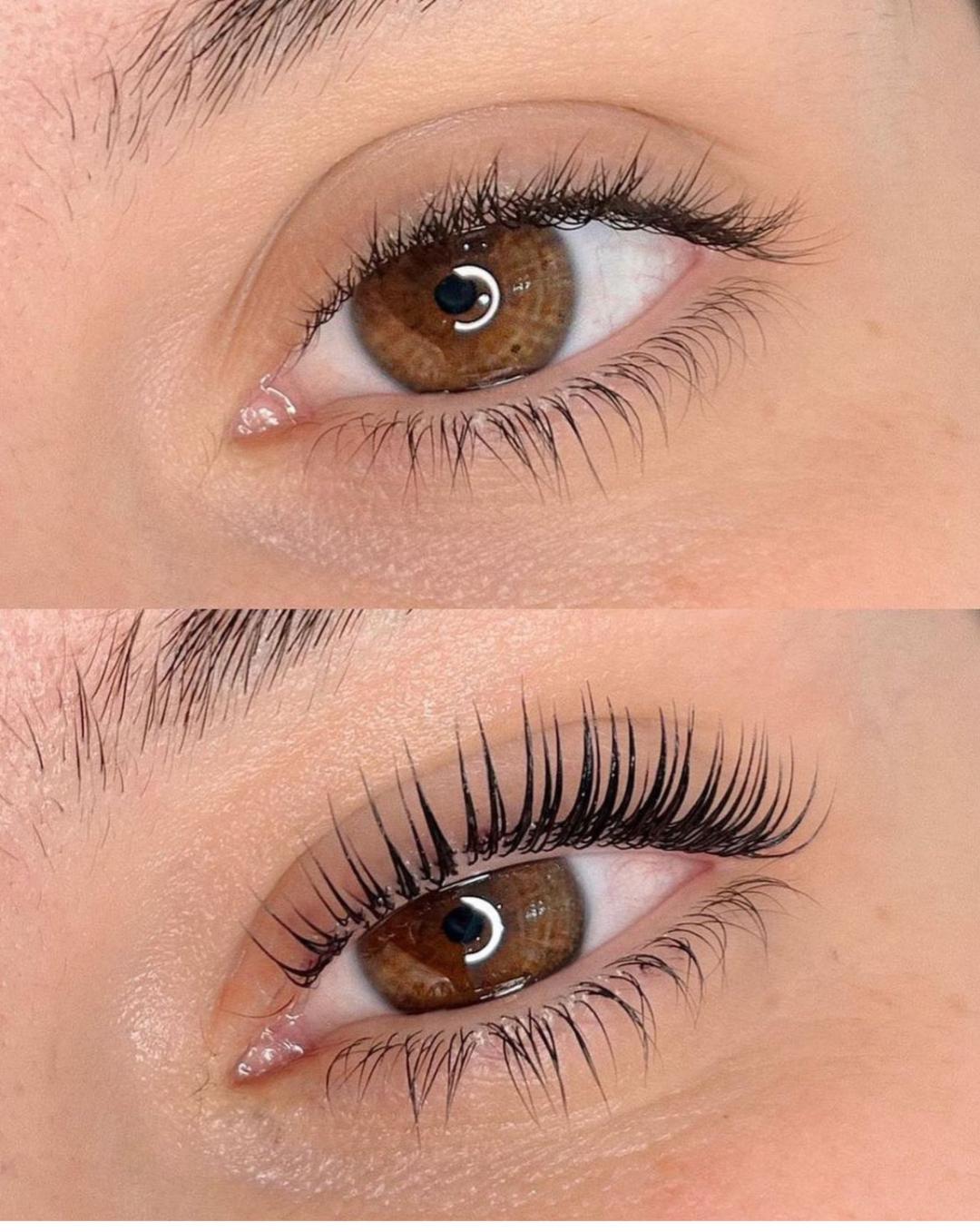 Close-up of a brown eye with long lashes; top shows natural lashes, bottom shows dramatic, curled lashes (lash enhancement).