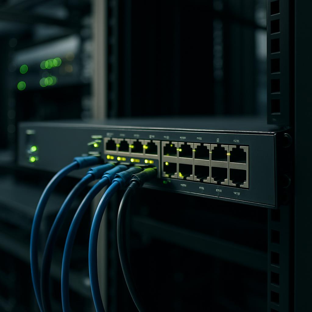 The image depicts a network switch with multiple Ethernet cables connected to it. Horizontal, black rectangular box. Recta...