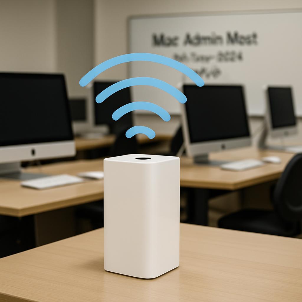 Plain White Wifi Router Standing Alone in a Compress Computer Room with a Whiteboard.
