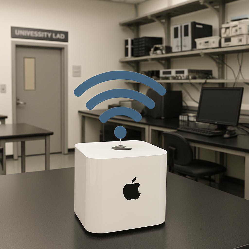 A white Apple Airport Wi-Fi box is prominently displayed in a workspace, serving as the centerpiece. The room has a black ...