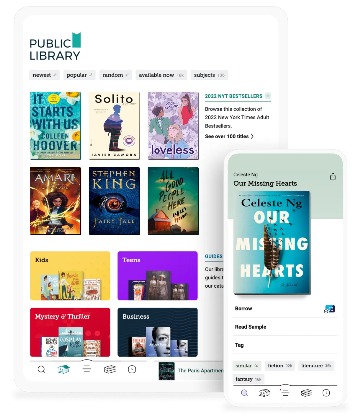 The image is of a tablet and mobile preview of the Libby app. The preview shows what the app's book catalogue looks like and has book covers shown.