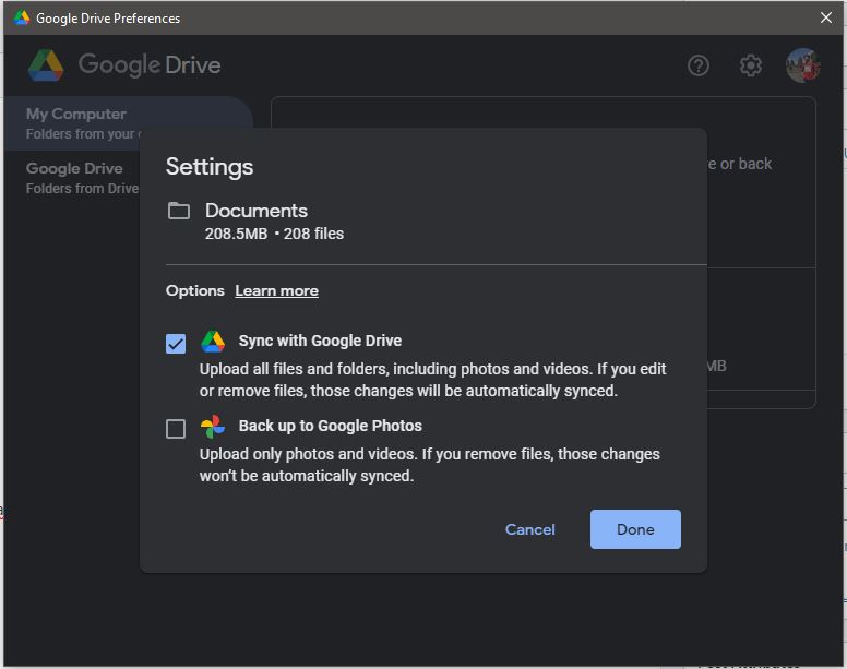 centang sync with google drive