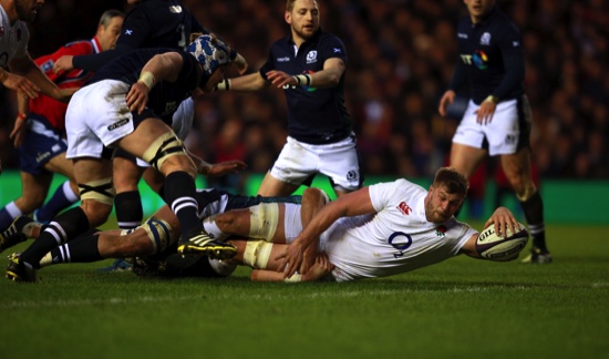 England’s George Kruis reaches out to score the opening try of the game against Scotland, during the 2016 Six Nations rugby match at Murrayfield Stadium, Edinburgh