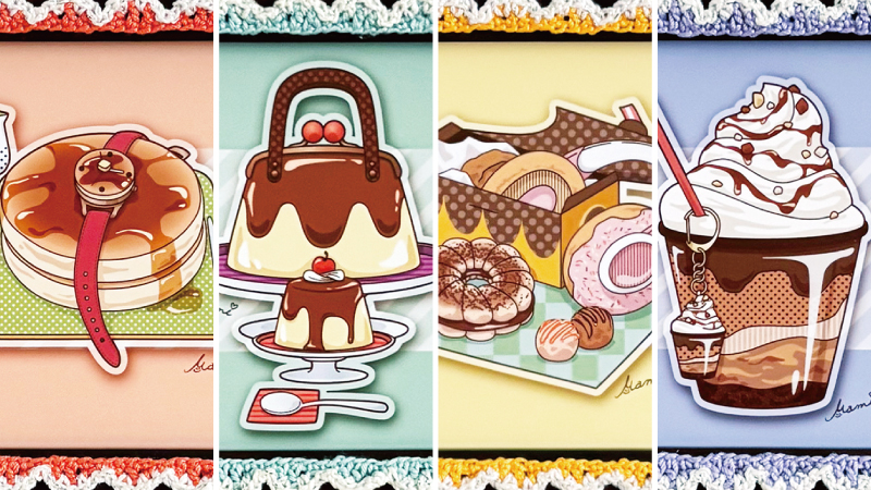 オリジナル額装作品「パンケーキ＝ウォッチ」「プディング＝バッグ」「ドーナツ＝ヘッドフォン」「フラッペ＝キーホルダー」