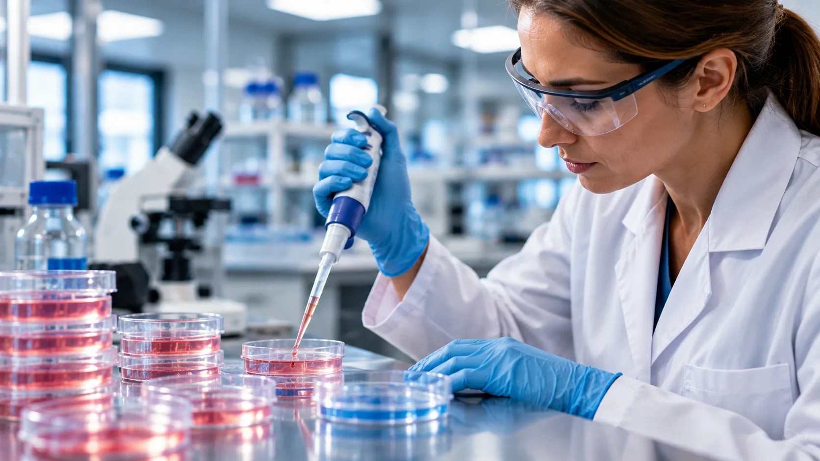 Female laboratory researcher using a pipette with petri dishes in a modern lab