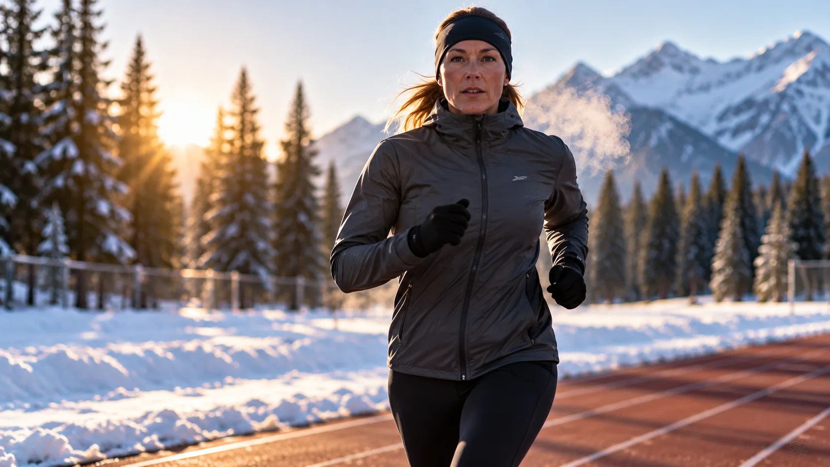 Middle-aged female runner on a snowy outdoor track with mountains in the background