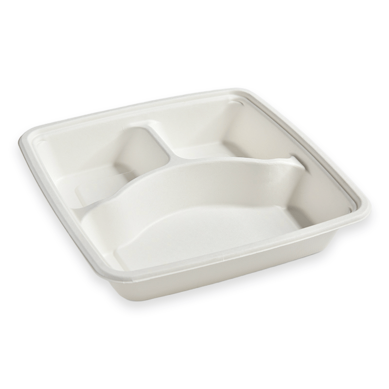 9" 3-Compartment Square Sugarcane Fibre Tray