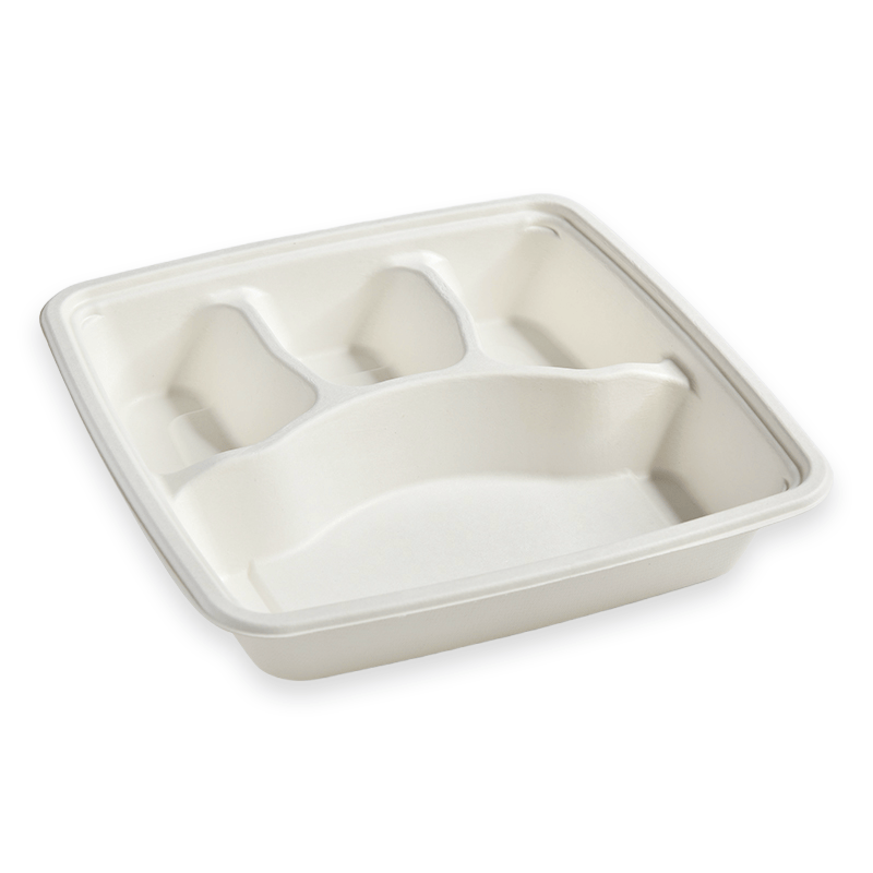 9" 4-Compartment Square Sugarcane Fibre Tray
