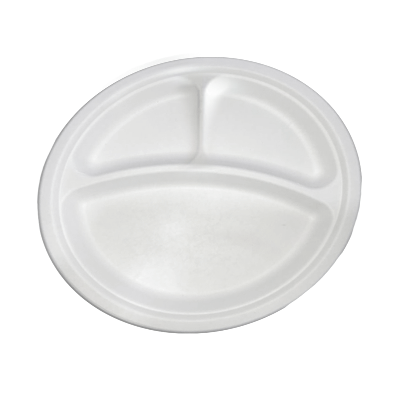 9" 3-Compartment Round Sugarcane Fibre Plate