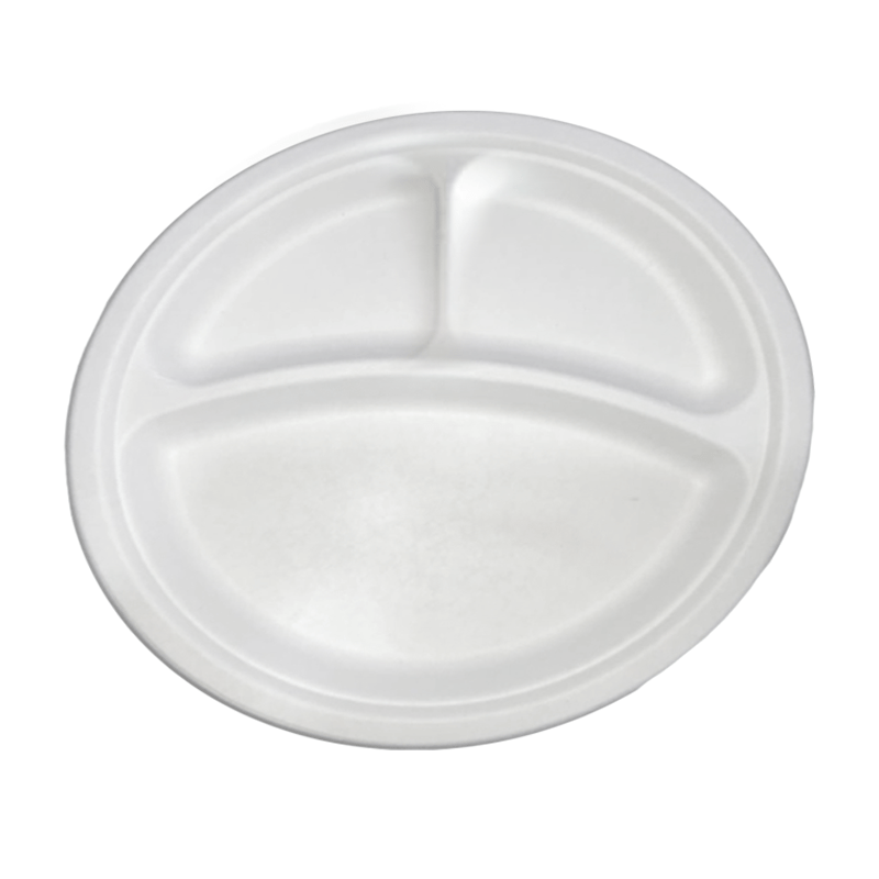 10" 3-Compartment Round Sugarcane Fibre Plate
