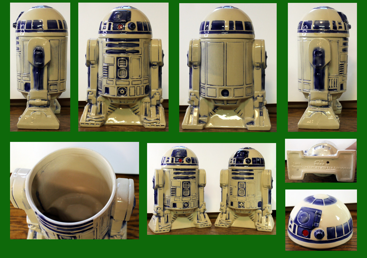 Several pictures of an R2D2 cookie jar.