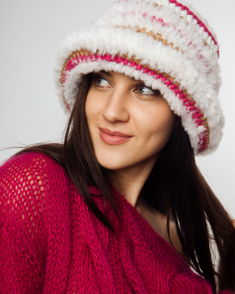 Crochet Bucket Hat, Eco wool & fur, White Fucsia Beige