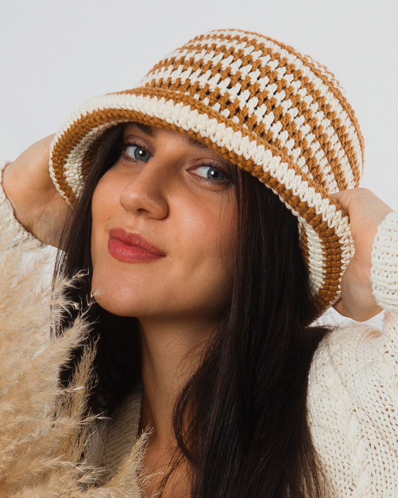White & Beige Striped Summer Hat