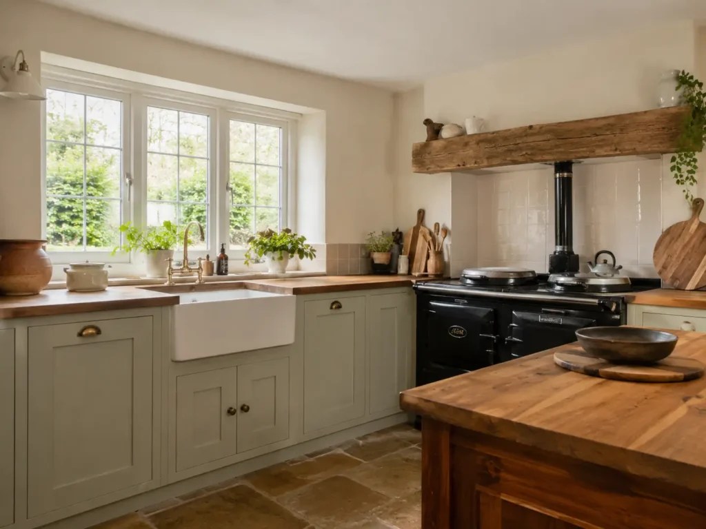 Traditional fitted kitchen with farmhouse sink and range cooker