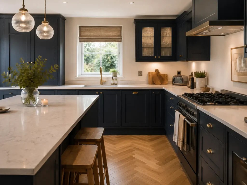 Dark blue fitted kitchen with island and herringbone flooring