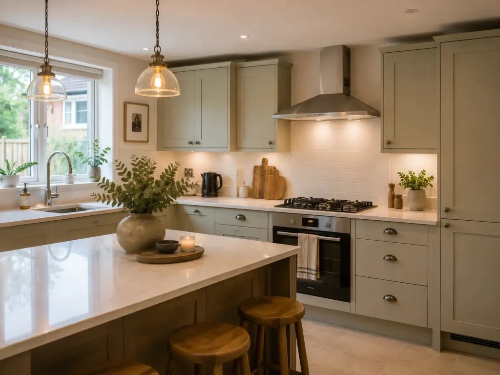 Grey kitchen installation with island and pendant lighting