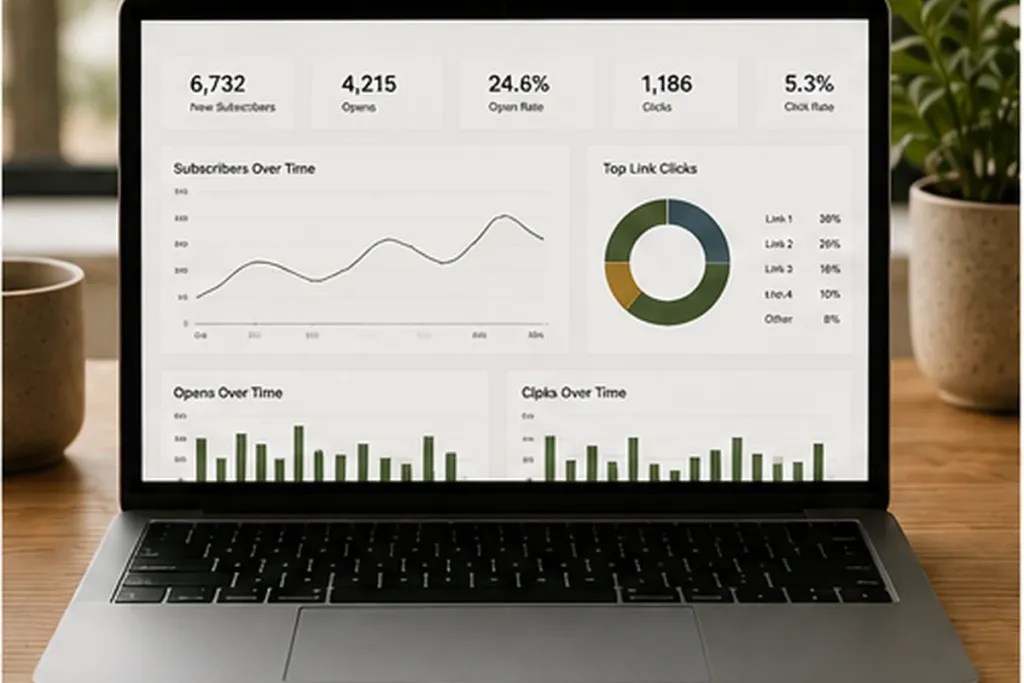 Email marketing analytics dashboard showing opens, clicks and campaign activity