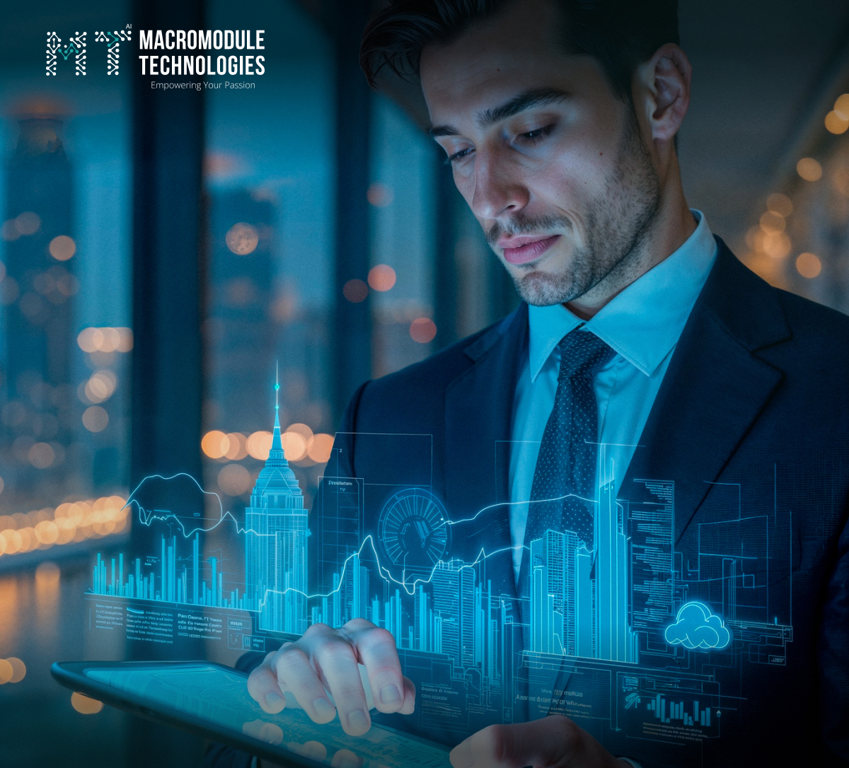 Professional using tablet with holographic charts, symbolizing tech stack, integration, and business growth.
