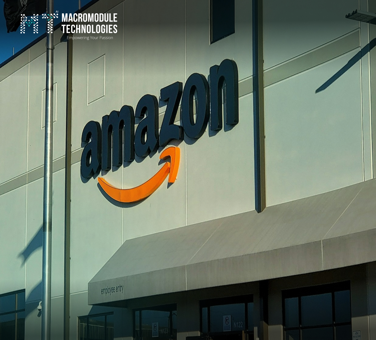 Amazon logo on a company building, used as cover image for blog about Amazon abandoning the cloud and AWS shift in 2025.