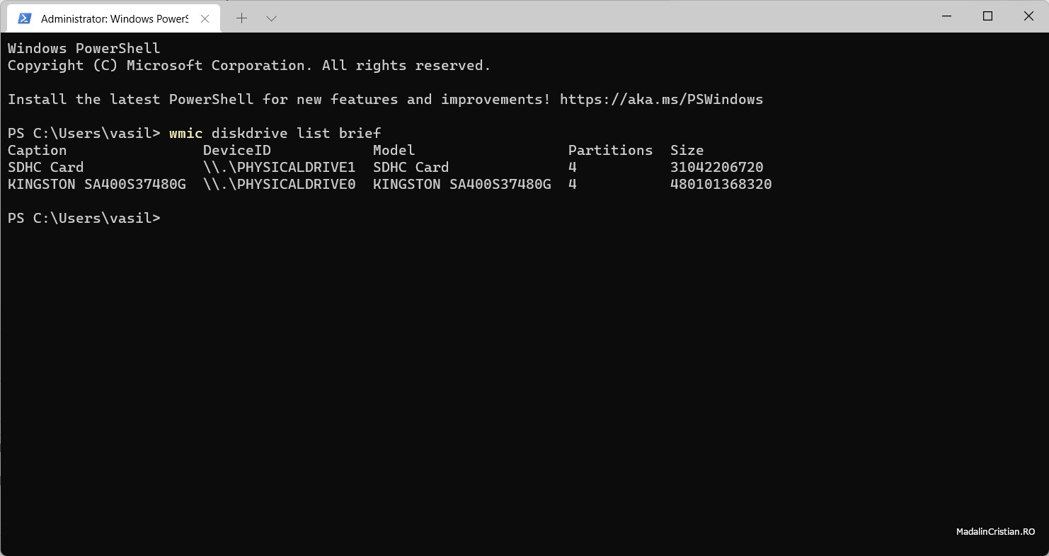 wmic diskdrive list brief command in Windows PowerShell