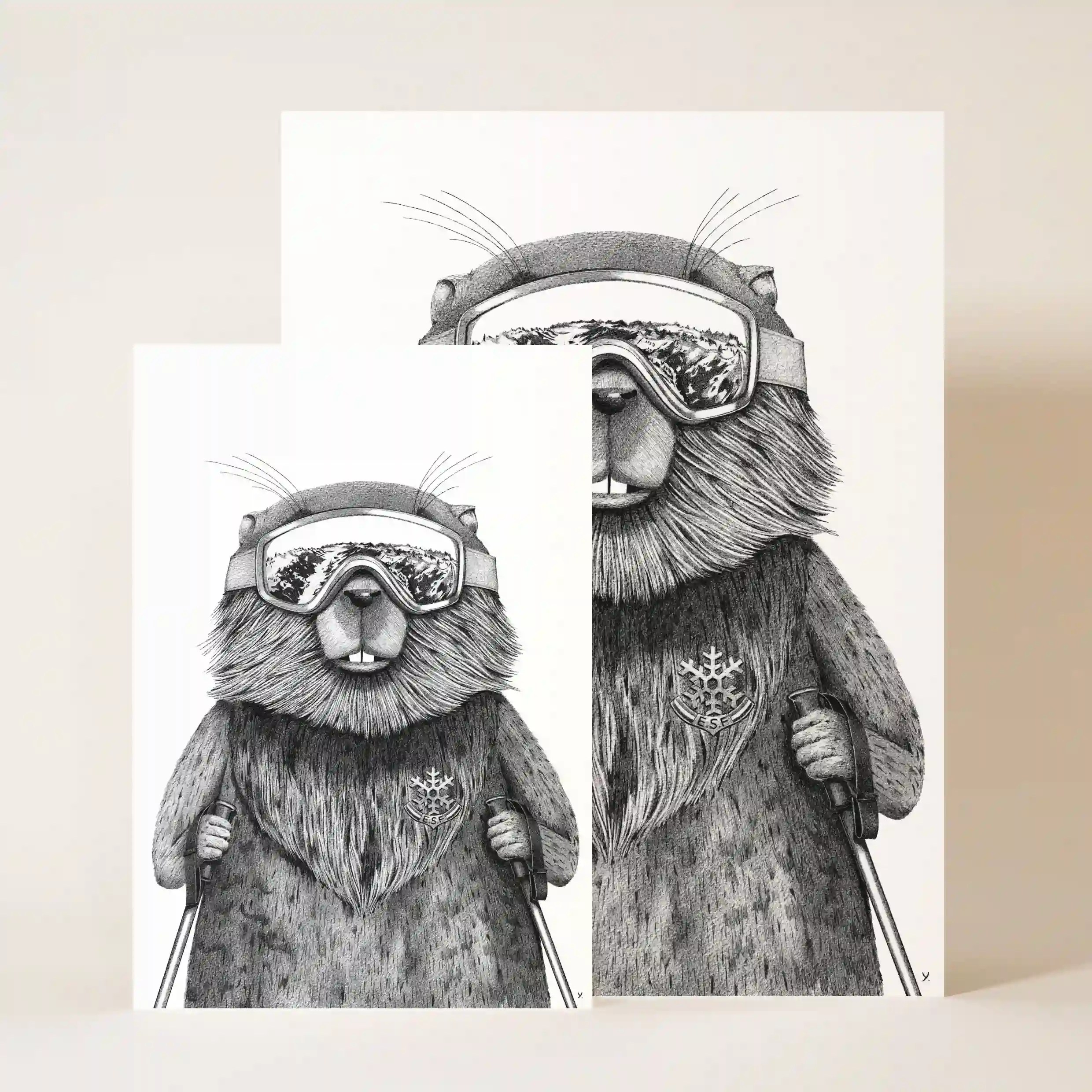 Deux tailles d'affiche montagne : marmotte skieuse équipée, prête à dévaler les pistes enneigées.