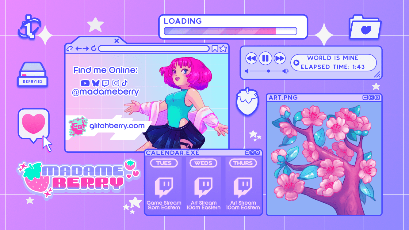 Cover Image for Twitch channel, featuring socials and stream schedule. Layout takes into account the right third of the art gets covered with a translucent "recent video" overlay and needs to be void of important information.